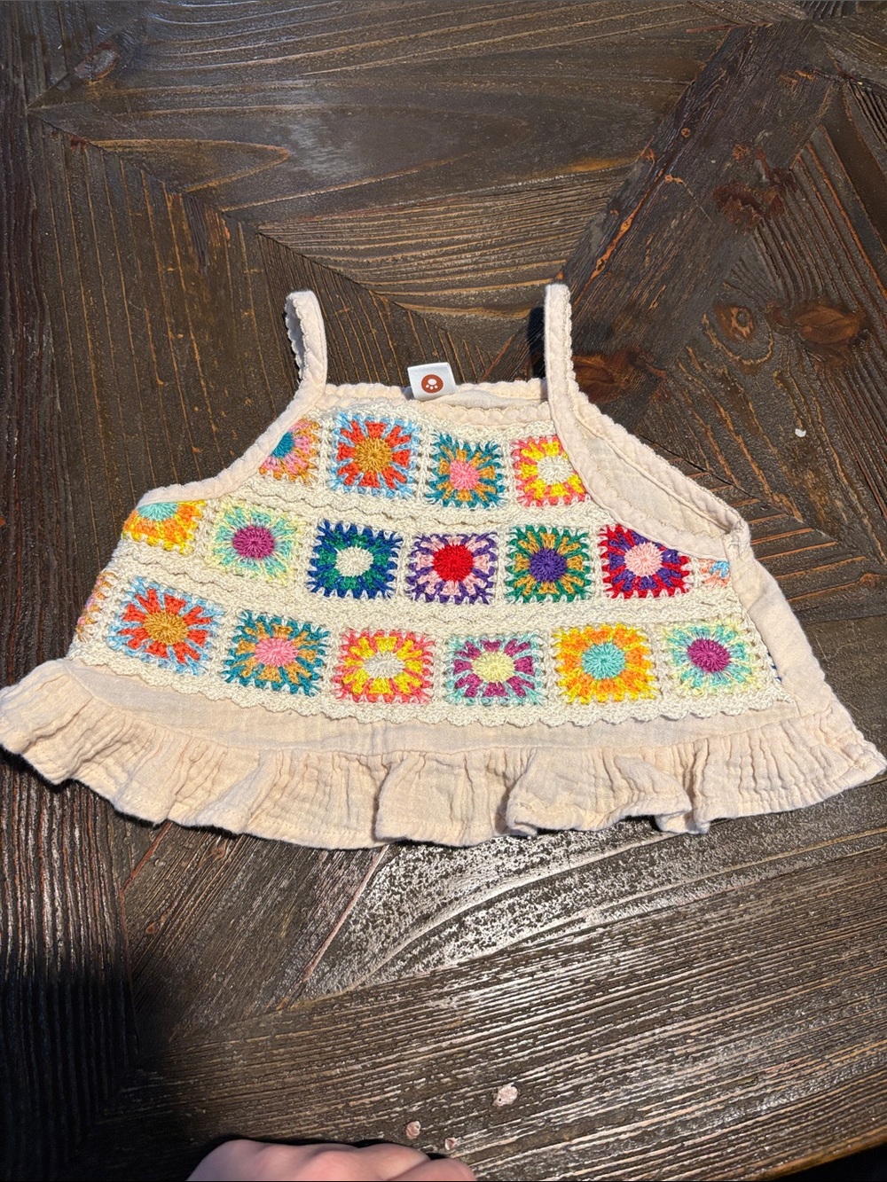 Cream Crochet Square Patch Kids Tank Top with Multicolor Accents